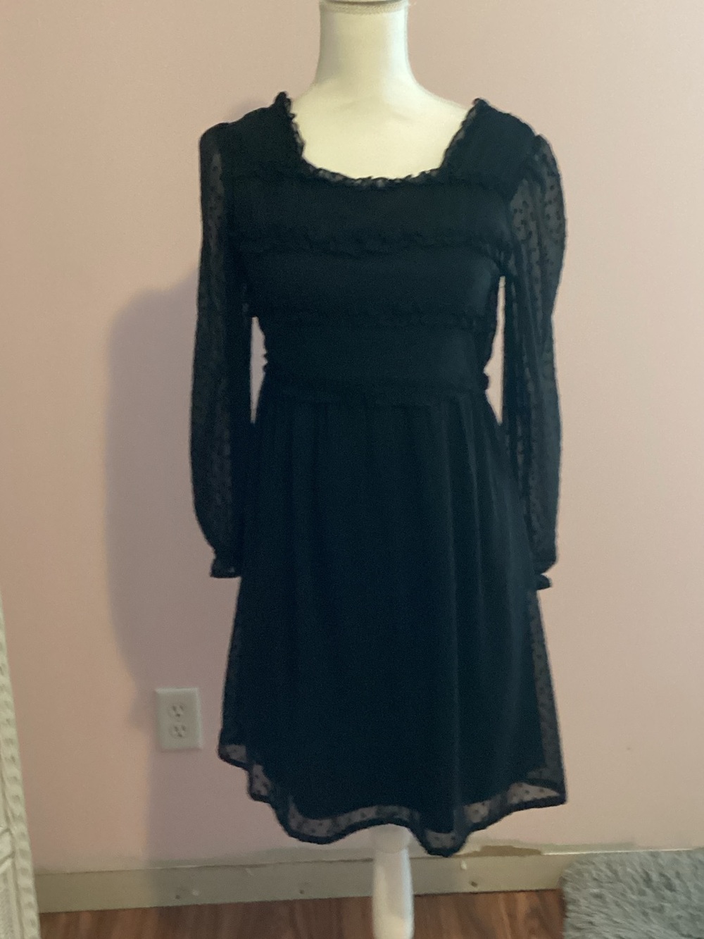 wonder nation Black Long-Sleeve Lace-Trim Dress